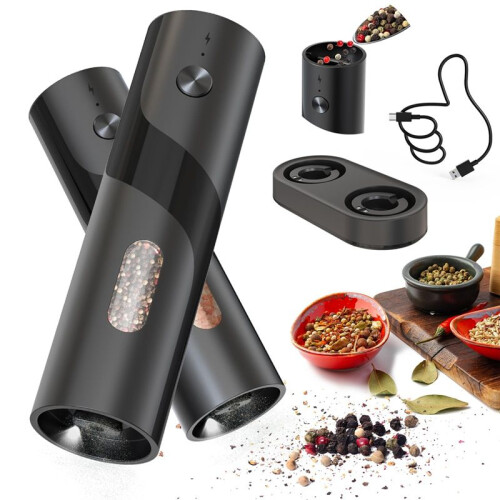 Conjunto de Moedor Elétrico Recarregável de Sal e Pimenta, Moedor Automático de Pimenta com Recarga Superior e Base de Carregamento