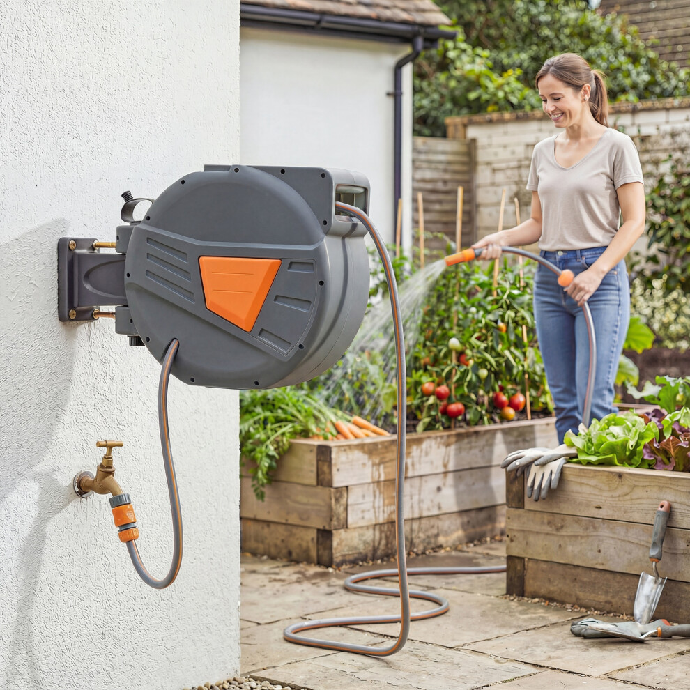 Outsunny Retractable Hose Reel Wall Mounted, 20+1.6M Hose Pipe Reel, Orange