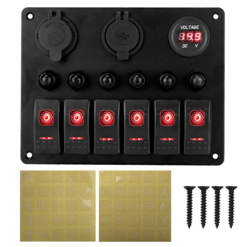 Universal Car RV 6  Panel 12/24V Rocker Panel Voltmeter USB Charger Circuit Breaker Tester Light Toggle B