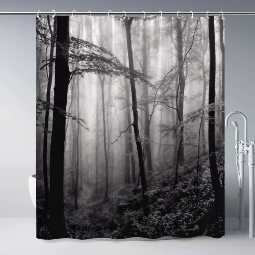 Κουρτίνα ντους Misty Forest, μαύρη, λευκή, ομιχλώδης, φύση, τοπίο, γκρι, φαντασία, ομίχλη, 1