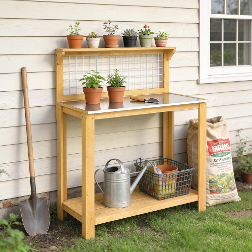 Outsunny Outdoor Garden Wooden Potting Bench Table with Aluminium Worktop, 2 Shelves