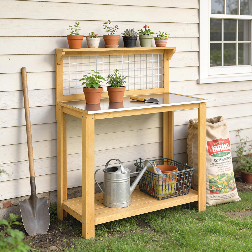 Outsunny Wooden Potting Bench Table With Aluminium Worktop