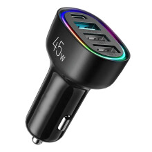 Chargeur de voiture 4 ports 45 W, PD, QC 3.0 - Noir