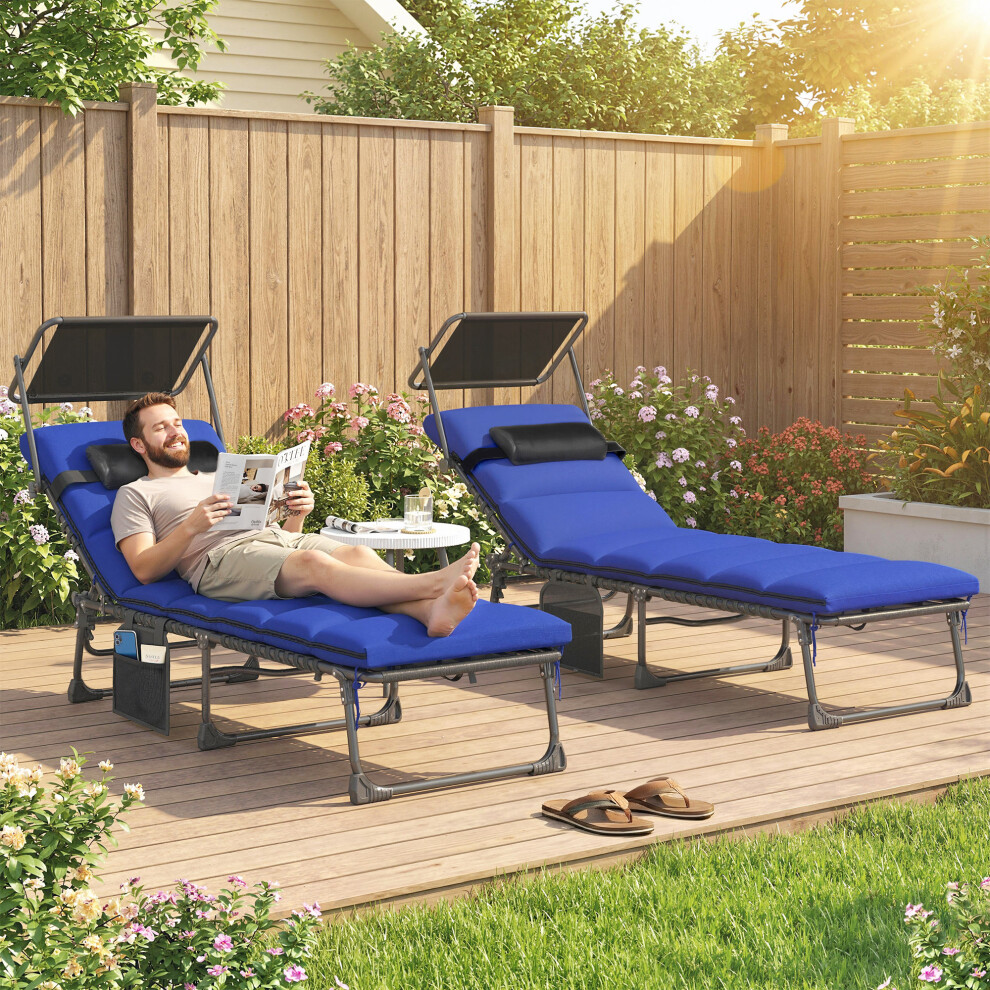 Outsunny Folding Sun Loungers Set Of 2, Sun Bed With Canopy, Dark Blue