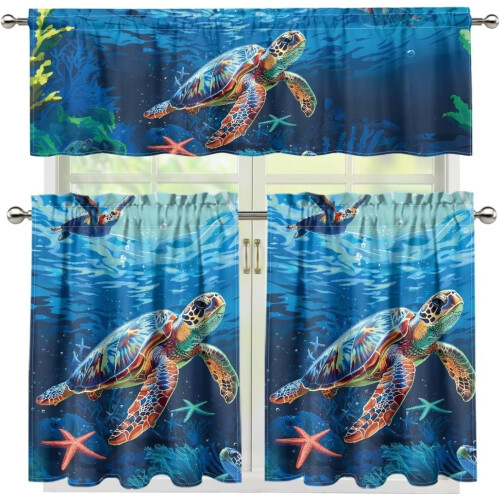 Κουρτίνες κουζίνας Sea Turtle, σετ κουρτινών κουζίνας με βολάν και επίπεδα, κουρτίνες 1