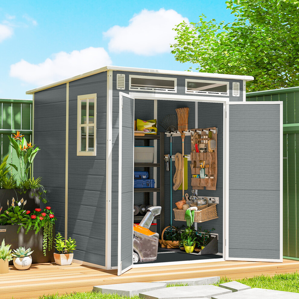 Outsunny 6 X 6 Ft Plastic Garden Shed With Floor, Lockable Doors, Grey