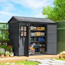 Outsunny 8 x 4 ft Resin Garden Shed with Floor, Lockable Doors, Dark Grey