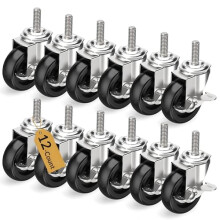 Roți pivotante, 3 inch, cu blocare, set de 12, tijă filetată 3/8" - 16x1-1/2" (diametru 3/8", lungime 1-1/2"), roți negre pentru sarcini mari