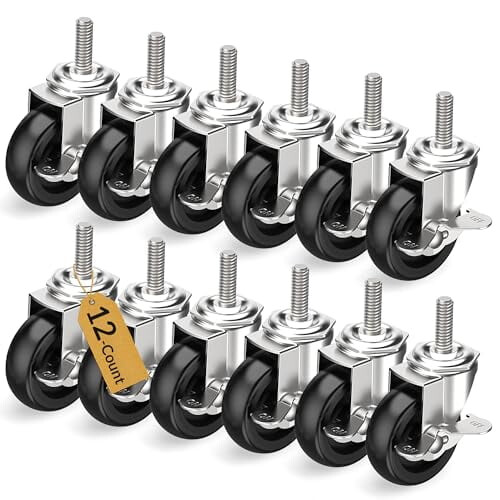 Rodízios giratórios de 3 polegadas com trava, conjunto de 12 unidades, haste roscada 3/8" -16x1-1/2" (diâmetro 3/8", comprimento 1-1/2"),