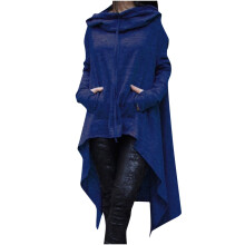 Blusa feminina azul de manga comprida, elegante e casual, com gola redonda, cor sólida, ideal para a primavera e o outono de 2023.