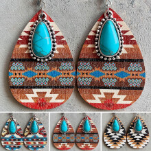 1 para wiszących kolczyków w stylu boho retro etniczny sztuczny turkus aztecki wzór ubierz prezenty damskie kolczyki z wisiorkiem w kształcie