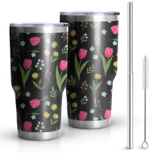 Copo térmico Pioneer Flower de 887 ml com estampa floral, parede dupla com isolamento a vácuo, tampa à prova de vazamentos e livre de BPA, canudos