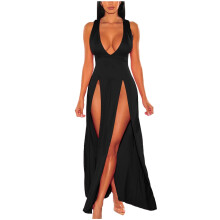 Mikilon Women Deep V-Neck Dress High Side Slit Long Dress Solid Color Sleeveless Dress