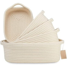 5-Pc Rectangular Cotton Rope Storage Baskets – Natural Woven Bins for Nursery, Montessori, Pet Toys, Bathroom; Compatible with Home Organization