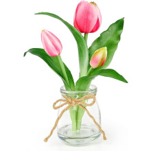 Tulipas cor-de-rosa com toque realista em vaso de vidro com água artificial – Arranjo de flores artificiais para casa, escritório e centro de