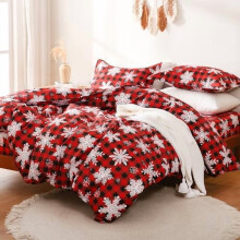 Red Buffalo Plaid Snowflakes Duvet Cover Set King Size, 3 Piece Christmas Winter Printed Microfiber Duvet Comforter Covers
