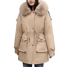Damen-Daunenjacke, dick gepolstert, mit Reißverschluss, wasserdicht, mit Taschen, Kunstpelzbesatz, Kapuze, langen Ärmeln, Khaki, Größe L