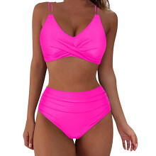 Kukoosong Damen-Bikini-Set mit hohem Bund, Push-up-BH und Spaghettiträgern, einfarbig, für Strand und Pool