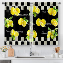 Retro Lemon Kitchen Curtains - Rustic Buffalo Plaid Tier Curtains with Fruits/Leaves, 2 Panels, 28"x24", Rod Pocket
