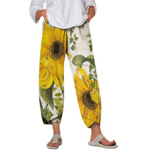 QLEICOM Pantaloni largi din bumbac și in, cu croială lejeră, cu imprimeu floral, talie elastică, buzunare, verde XXL