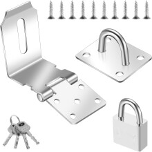 Door Lock Latch Hasp Kit, 90 Degree Stainless Steel Gate Latch Lock Safety Clasp Hasp Hardware Security Padlock Latch with 1 Lock, 4 Keys and