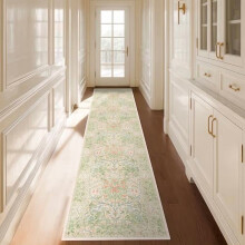 Washable Beige Green 2x10 Runner Rug – Non-Slip, Stain-Resistant, Vintage Floral Design for Hallway, Kitchen, Entryway, Laundry Room