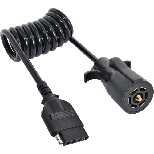 Adaptador de plugue espiralado de reboque de 7 pinos redondos para 5 pinos planos, comprimento total de 1,5 metro (8 polegadas).