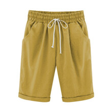 Dameshorts Sommer2024Plus Size Ensfarvede Five Points Store Størrelser Bomuld/Lin Shorts med Lommer Afslappet Bukser på Udsalg Gul_XL
