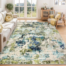 Washable area rug modern abstract green blue 4x6 ft