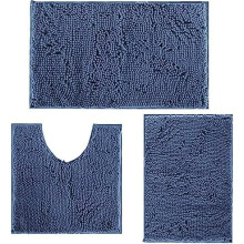 Juego de alfombras de baño de chenilla azul (3 piezas), alfombras de pelo largo extra suaves y absorbentes, lavables a máquina, compatibles con la