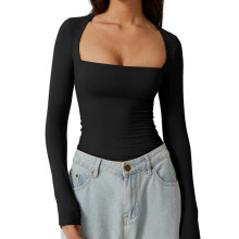 Camisetas de manga larga con cuello cuadrado para mujer, corte ajustado, estilo básico.