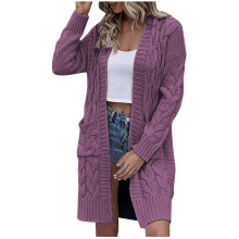Vinterstrik Lang Cardigan Sweatere Til Kvinder Plus Size Løs Sweater2025Mode Ternet Farvematchende Sweaterfrakke Lilla