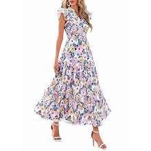 Damen Sommerkleid S2025, geblümt, Midi-Länge, kurze Ärmel, V-Ausschnitt, Rüschen, langes, fließendes Boho-Kleid für Strand und Urlaub, Bild 5XL