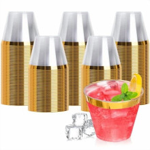 200PCS 9oz Gold Plastic Cups for Party, Disposable Gold Rim Cups, Plastic Cocktail Glasses for Wedding Thanksgiving, Christmas, and Parties