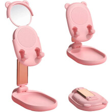 Support de téléphone ours mignon avec miroir de beauté – Pliable, hauteur et angle réglables, compatible avec iPhone, iPad, tablette, Kindle,
