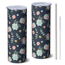 Pioneer Flower Floral 20oz Skinny Tumbler mit Strohhalm und Deckel, doppelwandig vakuumisoliert, auslaufsicher, passend für Getränkehalter, hält