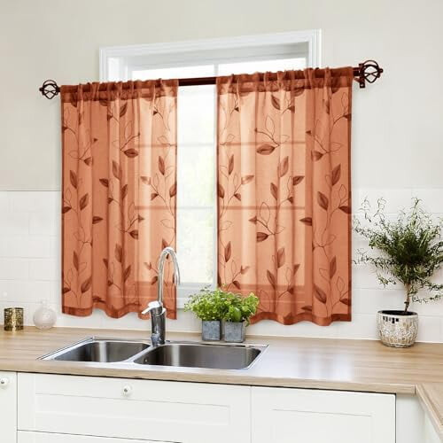 Burnt Orange Sheer Kitchen Curtains 30x36 Inch 2 Panels