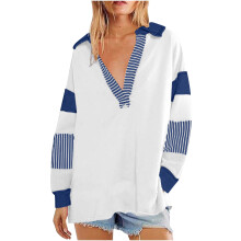 lulshou Damen gestreiftes Oversized-Sweatshirt, Farbblock-Design, V-Ausschnitt, Langarm, lässiger, lockerer Pullover mit Reverskragen (Weiß, M)