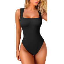 Women's Bodysuits Sexy Ribbed Strappy Square Neck Sleeveless Tummy Control Tank Tops Bodysuits