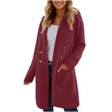 Casaco Cardigã Feminino com Zíper, Manga Longa, Forro de Lã, Tricô com Bolso, Macio e Casual para Uso em Casa, Vermelho AS