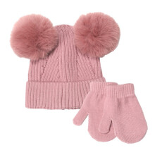 Spädbarn Småbarn Ylle Mössa med Vantar Set Enfärgad Vinter Twist Dubbel Pompom Stickad Mössa 2-6 År