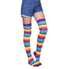 Women Girls Fancy Rainbow Colorful Stripes Over Knee Long Socks Halloween Cospla