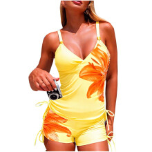 Damesbadpakset, tweedelige bikini met kleurblokken en bloemenprint op de bandjes, verstelbaar model, comfortabel voor bij het zwembad, op het strand