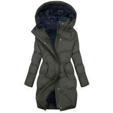 Jaqueta feminina impermeável com capuz, modelo parka longo plus size com bolsos, casaco acolchoado de inverno com enchimento de plumas, cinza