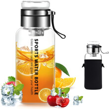 ACDANC 40oz Wasserflasche aus Borosilikatglas mit Edelstahl-Tee-Einsatz, Deckel mit Becherfunktion, Neoprenhülle – Weithalsflasche, BPA-frei,