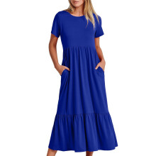 Vestidos de Verão Femininos 2024: Vestido casual de verão com manga curta e gola redonda, modelo maxi, fluido e com camadas, ideal para praia, com