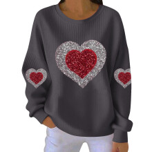 Felpa da donna per San Valentino con stampa a cuori, girocollo a coste, maniche lunghe, casual.