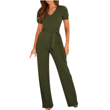 Lulshou Damjumpsuit med V-ringning och korta ärmar, vida ben, grön XXL