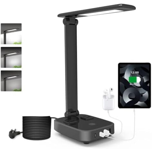 Επιτραπέζιο φωτιστικό LED με 4 θύρες USB, 2 πρίζες AC, καλώδιο 5 ποδιών