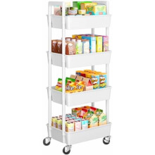 4 Tier Rolling Cart, Plastic Rolling Cart with Lockable Wheels & Reinforced Handle, Lightweight Utility Storage Cart for Nursery, Craft Room, White